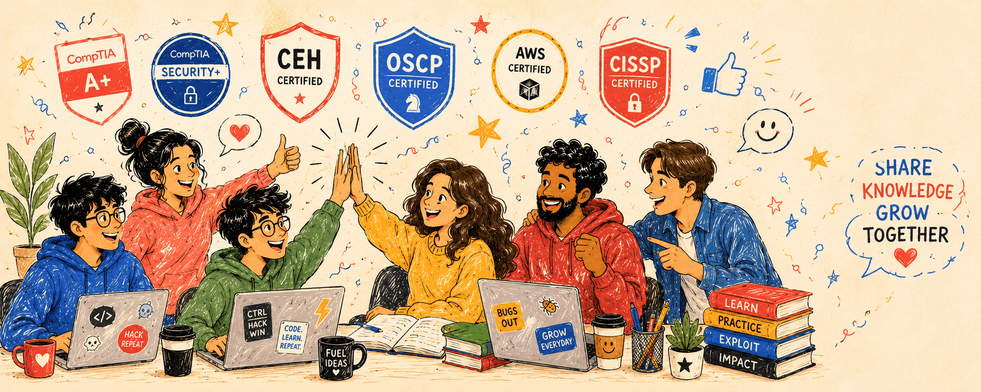 Diverse group of certified security professionals sharing knowledge - CompTIA, CEH, OSCP, AWS, CISSP certifications